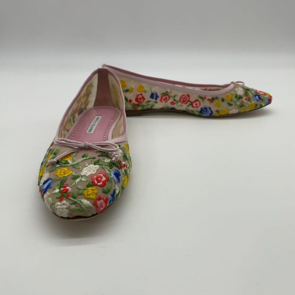 Manolo Blahnik Floral Embroidered Pink Trim Ballet Flats - Picture 4 of 6